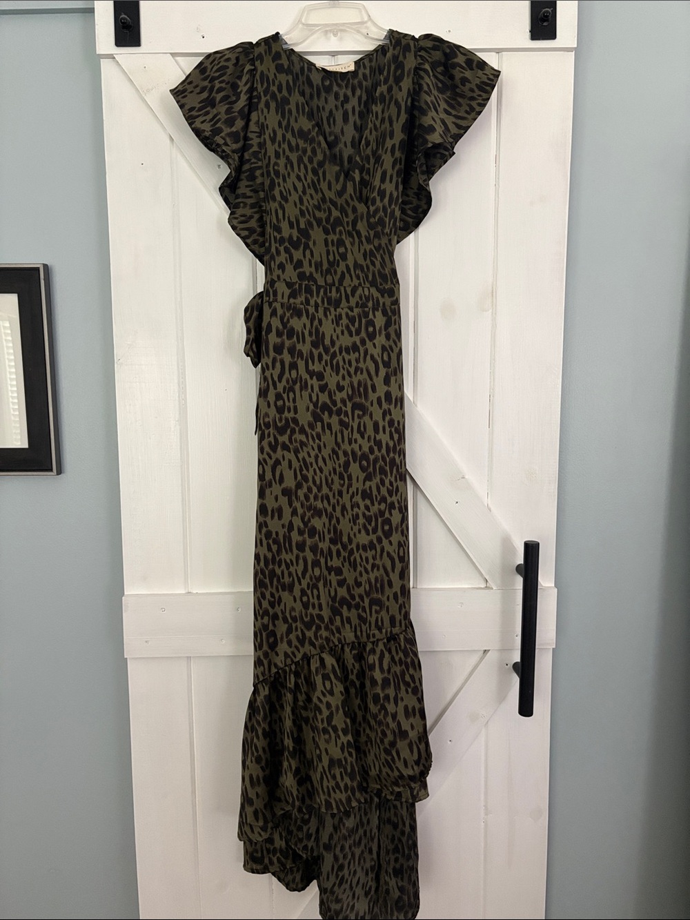Lovestitch Olive Green Leopard Print Ruffle Maxi Dress - Size Medium